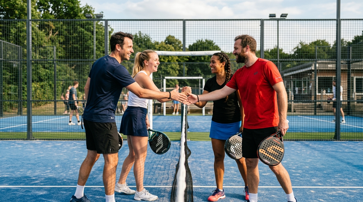 Four padel players shaking hands at the net after a match