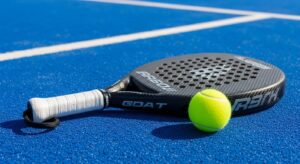 Padel racket and ball on court surface