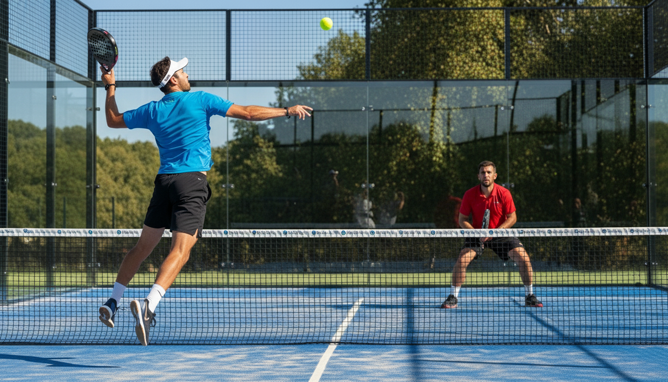 Two padel players mid rally on an enclosed glass court