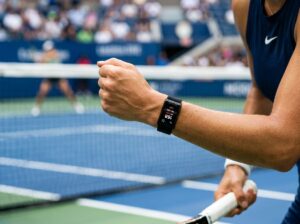 tennis player wearable fitness tracker on court